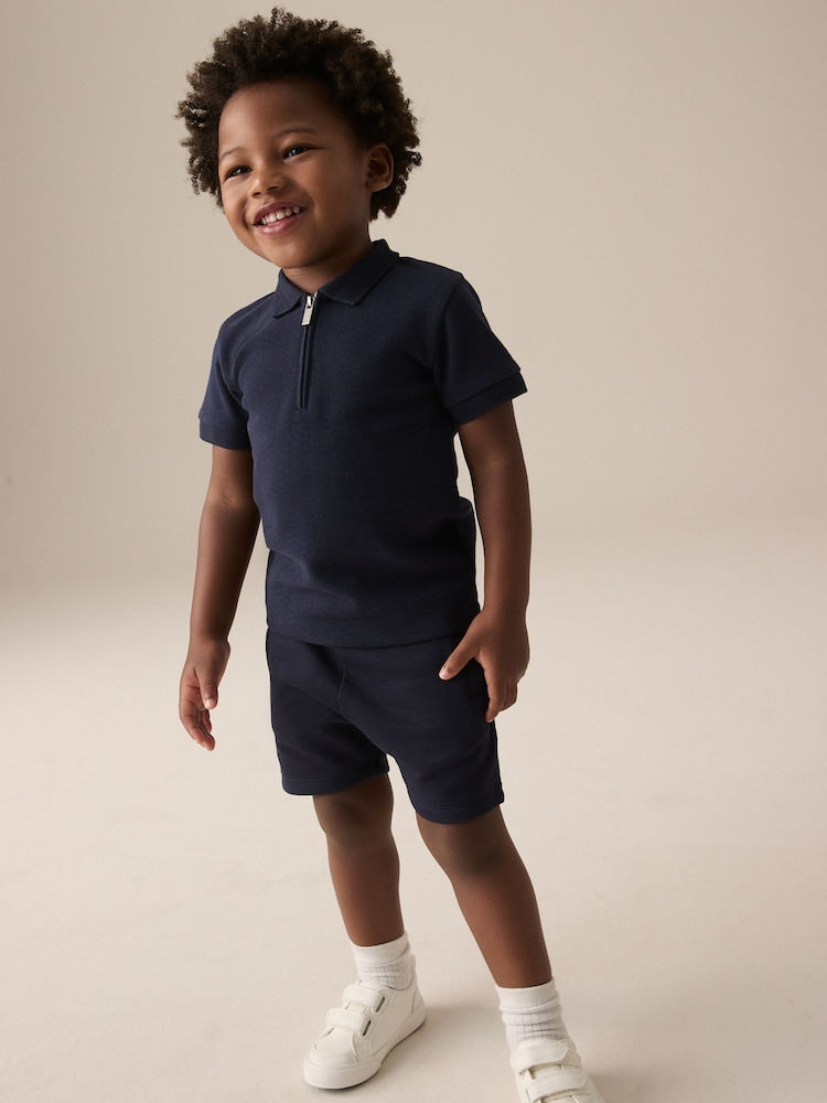 Navy Textured Short Sleeve Polo Shirt And Shorts Set (3mths-7yrs) - Navy Textured / 12-18 Months (80-86cm)