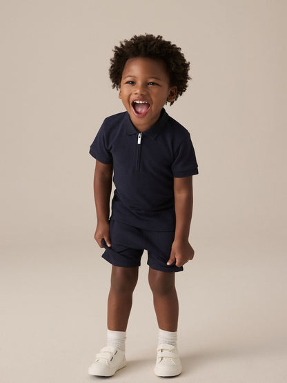 Navy Textured Short Sleeve Polo Shirt And Shorts Set (3mths-7yrs)
