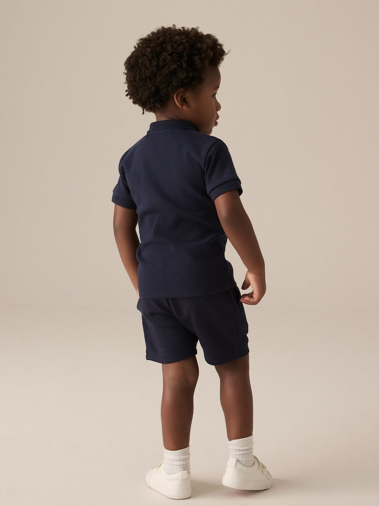 Navy Textured Short Sleeve Polo Shirt And Shorts Set (3mths-7yrs)