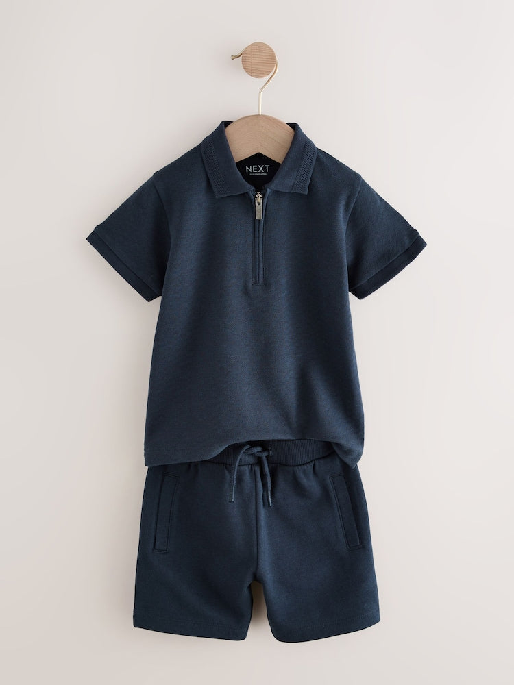 Navy Textured Short Sleeve Polo Shirt And Shorts Set (3mths-7yrs)