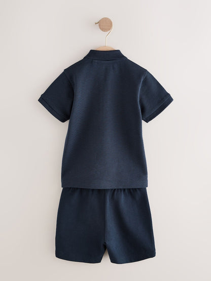 Navy Textured Short Sleeve Polo Shirt And Shorts Set (3mths-7yrs)
