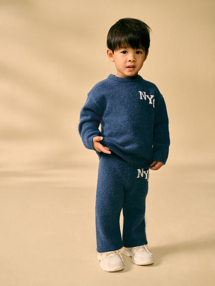 Navy Blue Knitted Crew Neck Jumper and Joggers Set (3mths-7yrs) - Navy Blue / 12-18 Months (80-86cm)