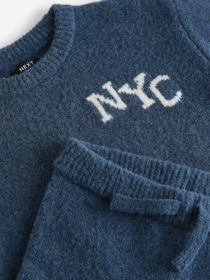 Navy Blue Knitted Crew Neck Jumper and Joggers Set (3mths-7yrs)