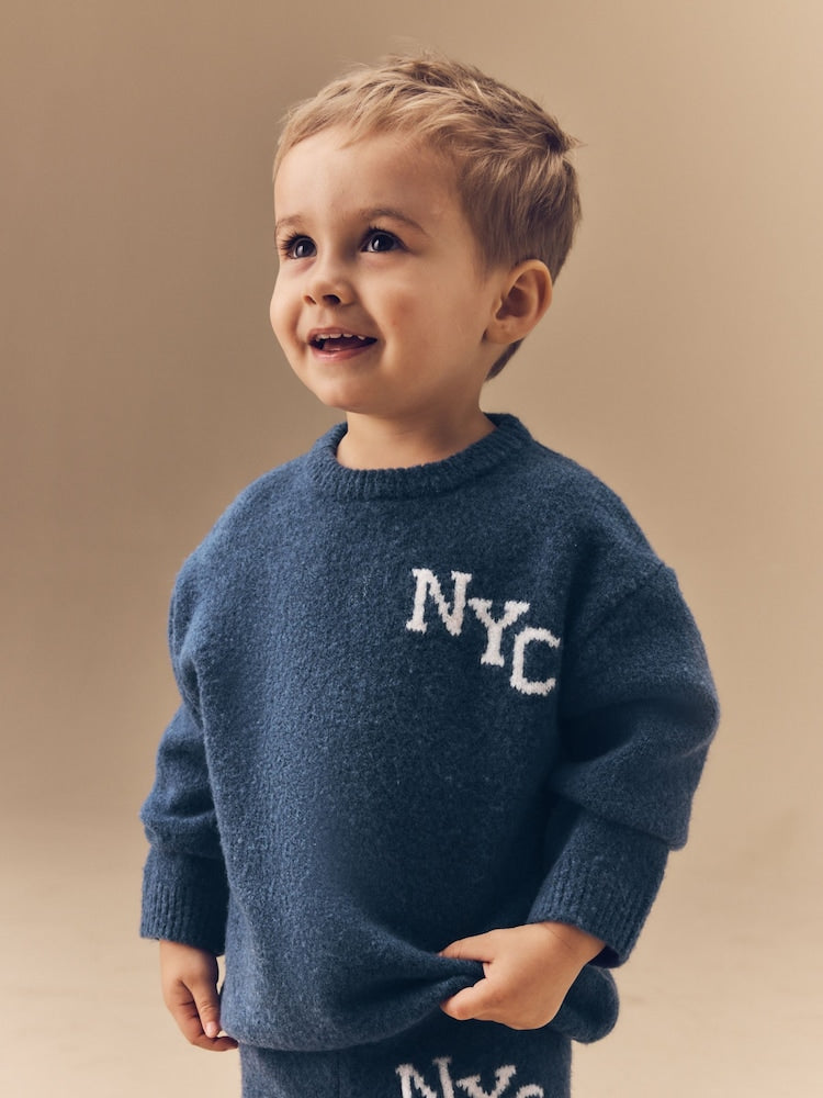 Navy Blue Knitted Crew Neck Jumper and Joggers Set (3mths-7yrs)