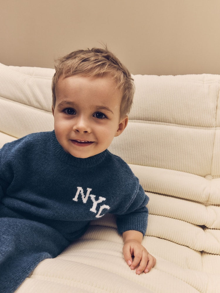 Navy Blue Knitted Crew Neck Jumper and Joggers Set (3mths-7yrs)