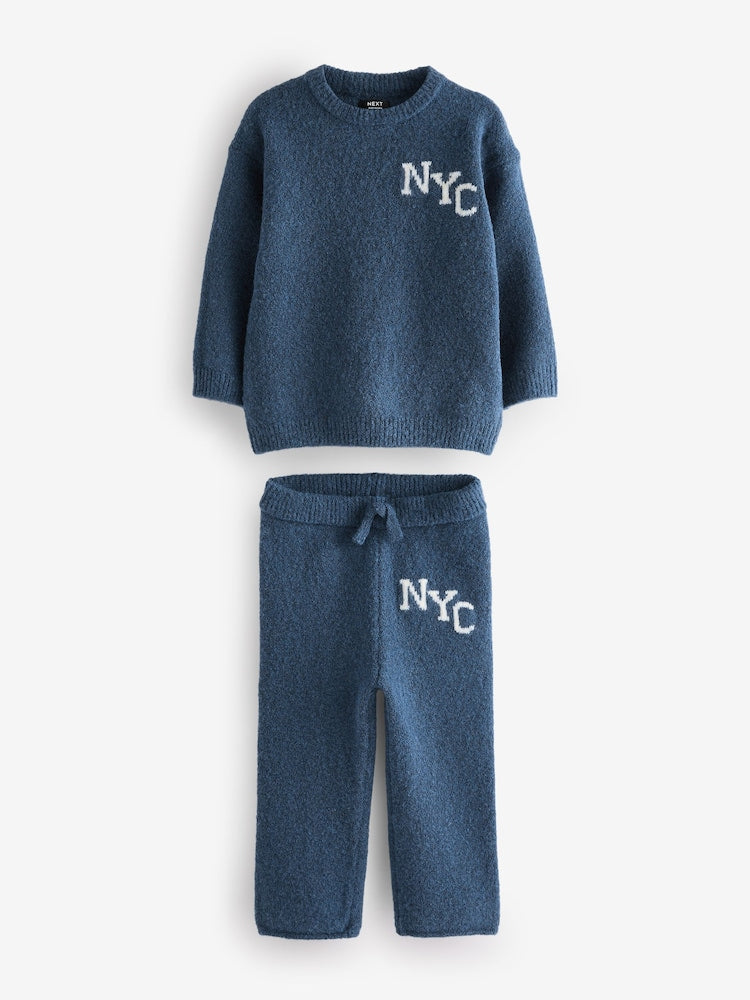 Navy Blue Knitted Crew Neck Jumper and Joggers Set (3mths-7yrs)