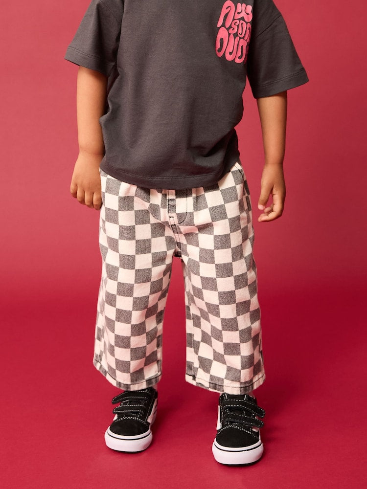 Black/White Checkerboard Pull On Wide Trousers (3mths-7yrs) - Black/White Checkerboard Pull On Wide / 12-18 Months (80-86cm)