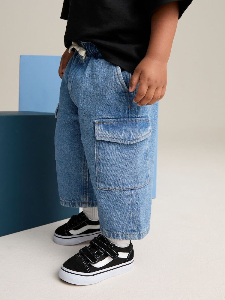 Mid Blue Denim Wide Leg Pull On Cargo Jeans (3mths-7yrs) - Mid Blue Denim / 12-18 Months (80-86cm)