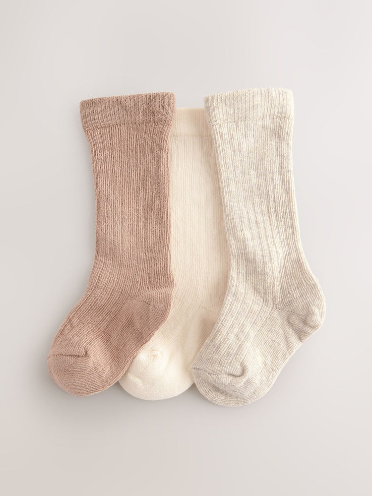 Neutral Rib Knee High Baby Socks 3 Pack - Size 50cm (First Size)
