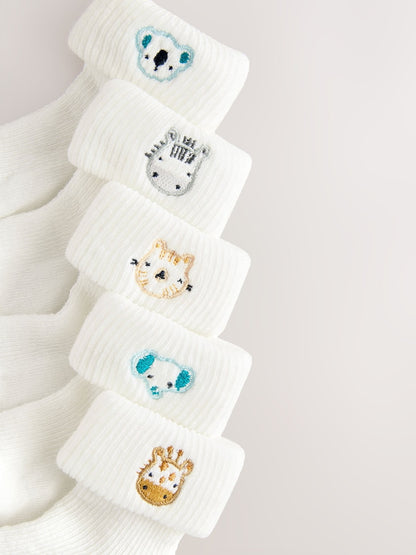 White Character Embroidered Roll Top Socks 5 Pack - Size 50cm (First Size)