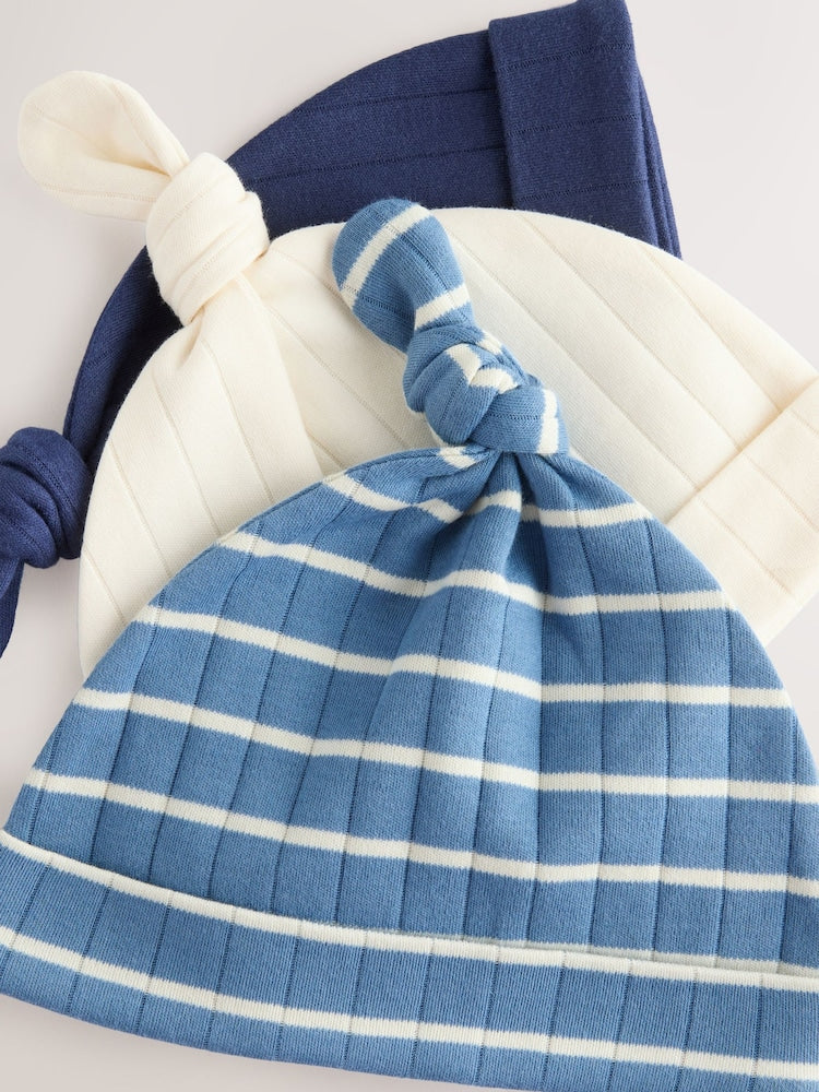 Blue Tie Top 100% Cotton Hats 3 Pack (0-12mths) - Size 44cm (5lb)