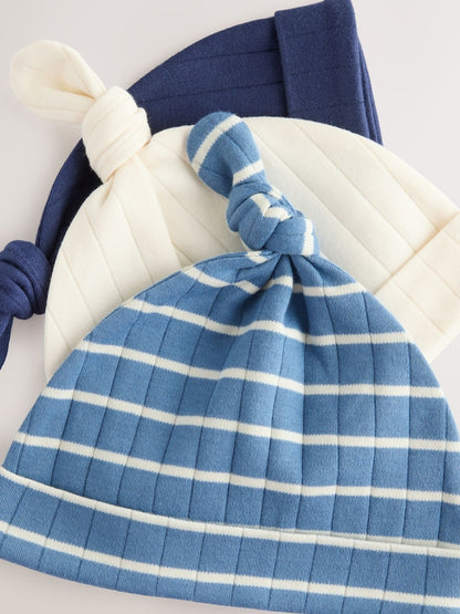 Blue Tie Top 100% Cotton Hats 3 Pack (0-12mths) - Size 44cm (5lb)
