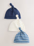 Blue Tie Top 100% Cotton Hats 3 Pack (0-12mths) - Size 44cm (5lb) - Blue Tie