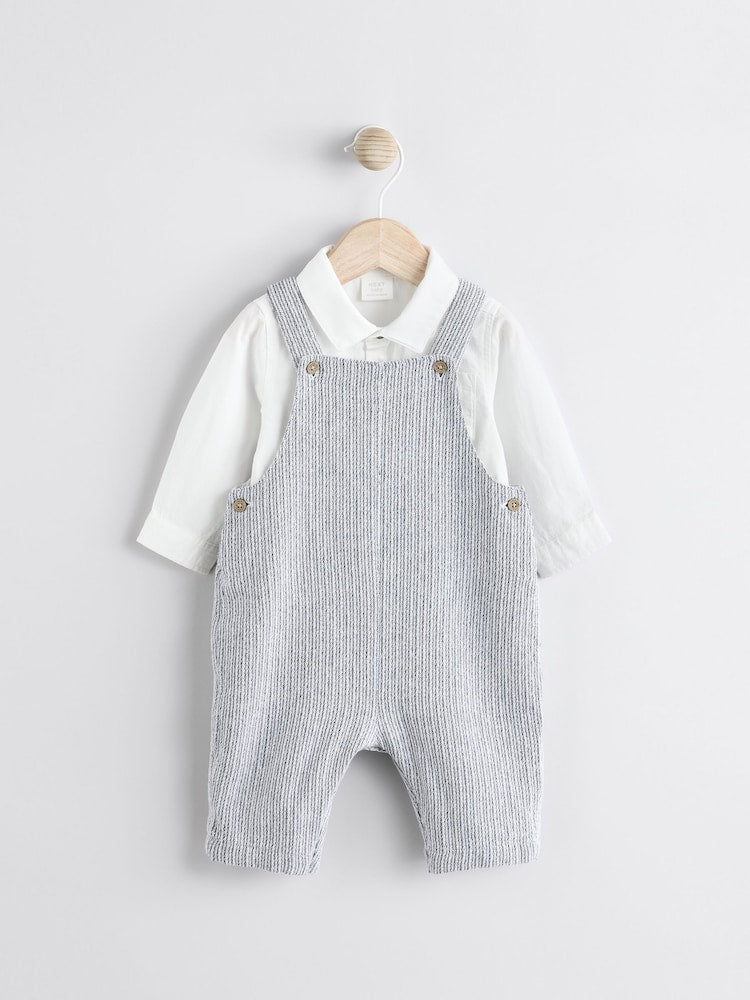 Grey/White Woven Cotton Baby Dungaree and Bodysuit Set (0mths-3yrs) - Grey/White / 12-18 Months (80-86cm)