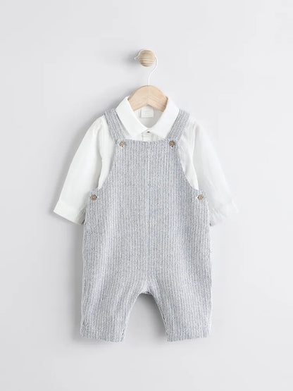 Grey/White Woven Cotton Baby Dungaree and Bodysuit Set (0mths-3yrs)