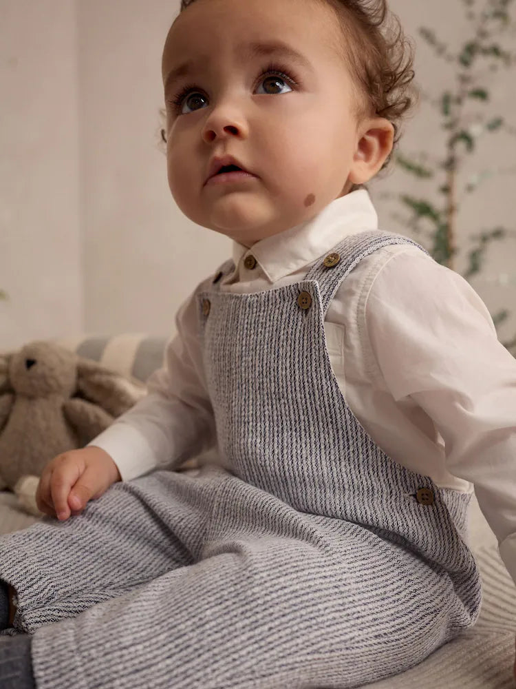 Grey/White Woven Cotton Baby Dungaree and Bodysuit Set (0mths-3yrs)