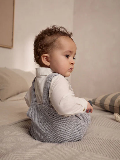 Grey/White Woven Cotton Baby Dungaree and Bodysuit Set (0mths-3yrs)