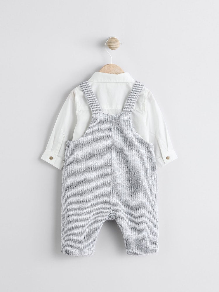 Grey/White Woven Cotton Baby Dungaree and Bodysuit Set (0mths-3yrs)