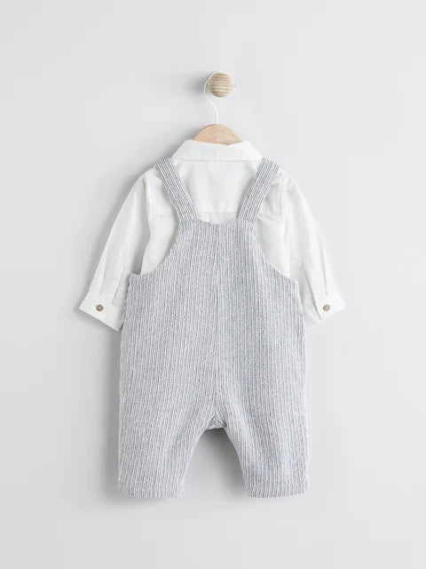 Grey/White Woven Cotton Baby Dungaree and Bodysuit Set (0mths-3yrs)