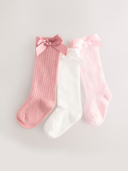 Pink Knee High Bow Baby Sock 3 Pack - Size 50cm (First Size)