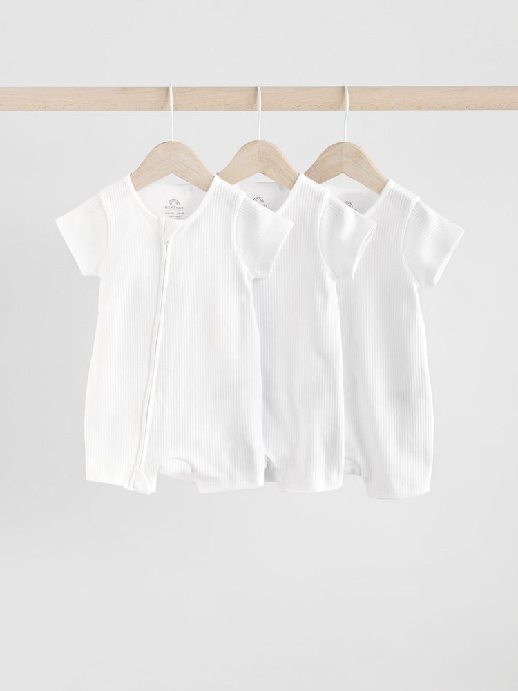 White 3 Pack Two Way Zip Baby 100% Cotton Rompers (0mths-3yrs) - White / 12-18 Months (80-86cm)