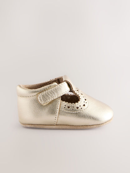 Gold Leather Baby T-Bar Shoes (0-24mths) - Size Up To 3 Months (50 - 62cm)
