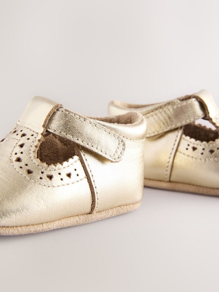 Gold Leather Baby T-Bar Shoes (0-24mths) - Size Up To 3 Months (50 - 62cm)