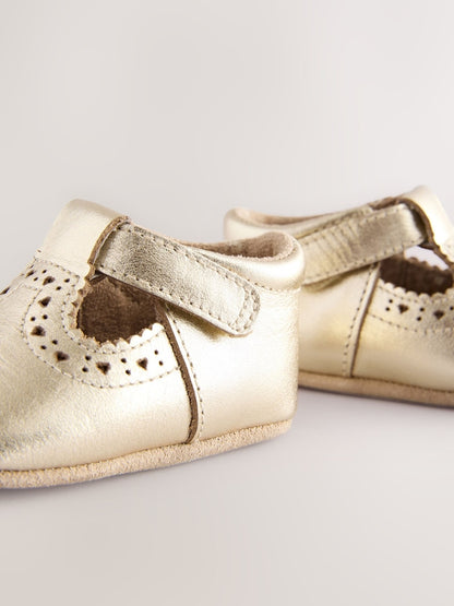 Gold Leather Baby T-Bar Shoes (0-24mths) - Size Up To 3 Months (50 - 62cm)