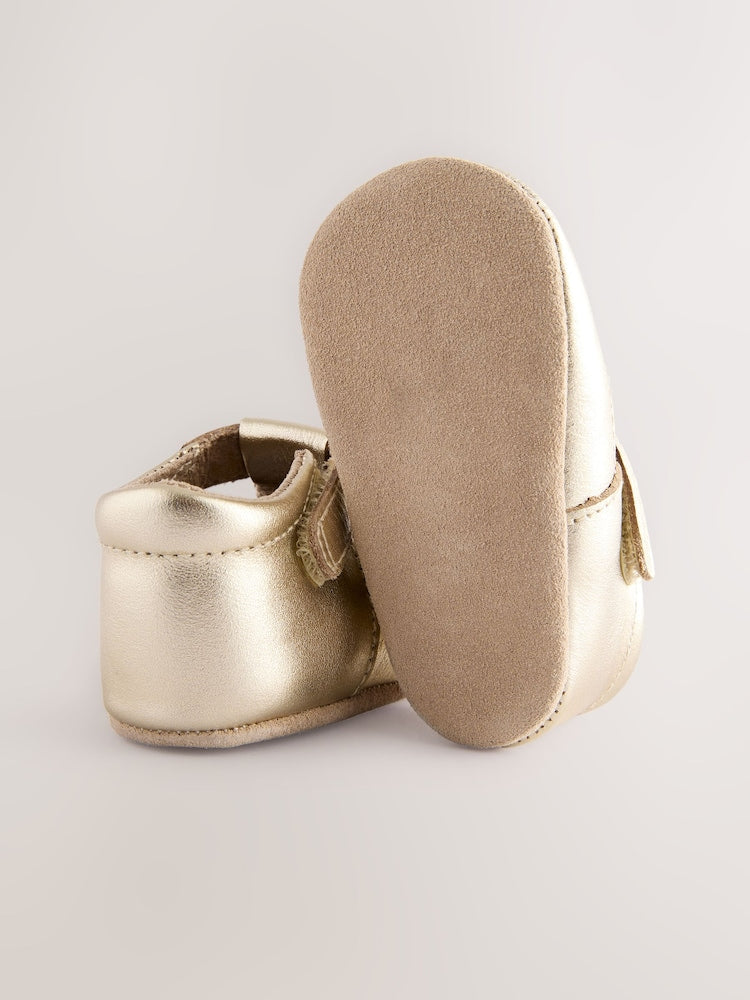 Gold Leather Baby T-Bar Shoes (0-24mths) - Size Up To 3 Months (50 - 62cm)