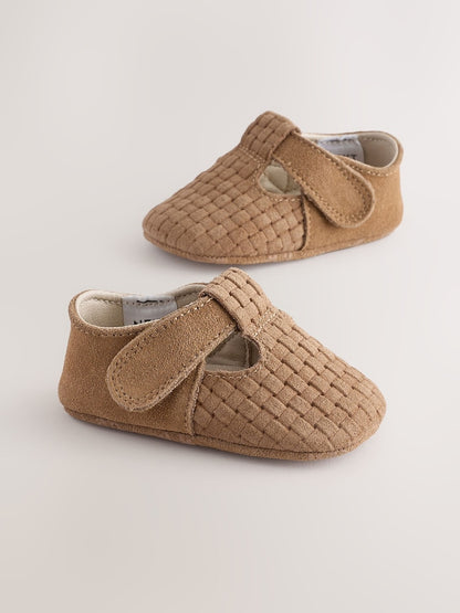 Tan Woven Suede Leather Baby T-Bar Shoes (0-24mths) - Up To 3 Months (50 - 62cm)