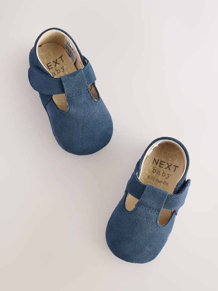 Navy Suede Leather Baby T-Bar Shoes (0-24mths) - Size Up To 3 Months (50 - 62cm)