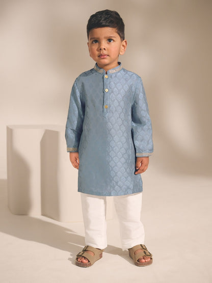 Blue Leaf Embroidered Kurta Shirt (3mths-16yrs) (3mths-16yrs) - Blue Leaf Embroidered Kurta / 12-18 Months (80-86cm)