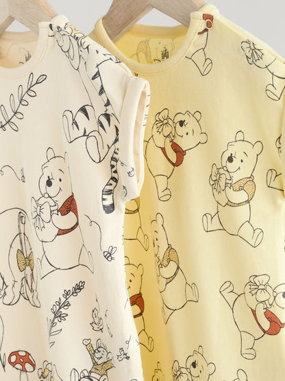 Yellow/White 2 Pack Printed Winnie The Pooh Baby Rompers
