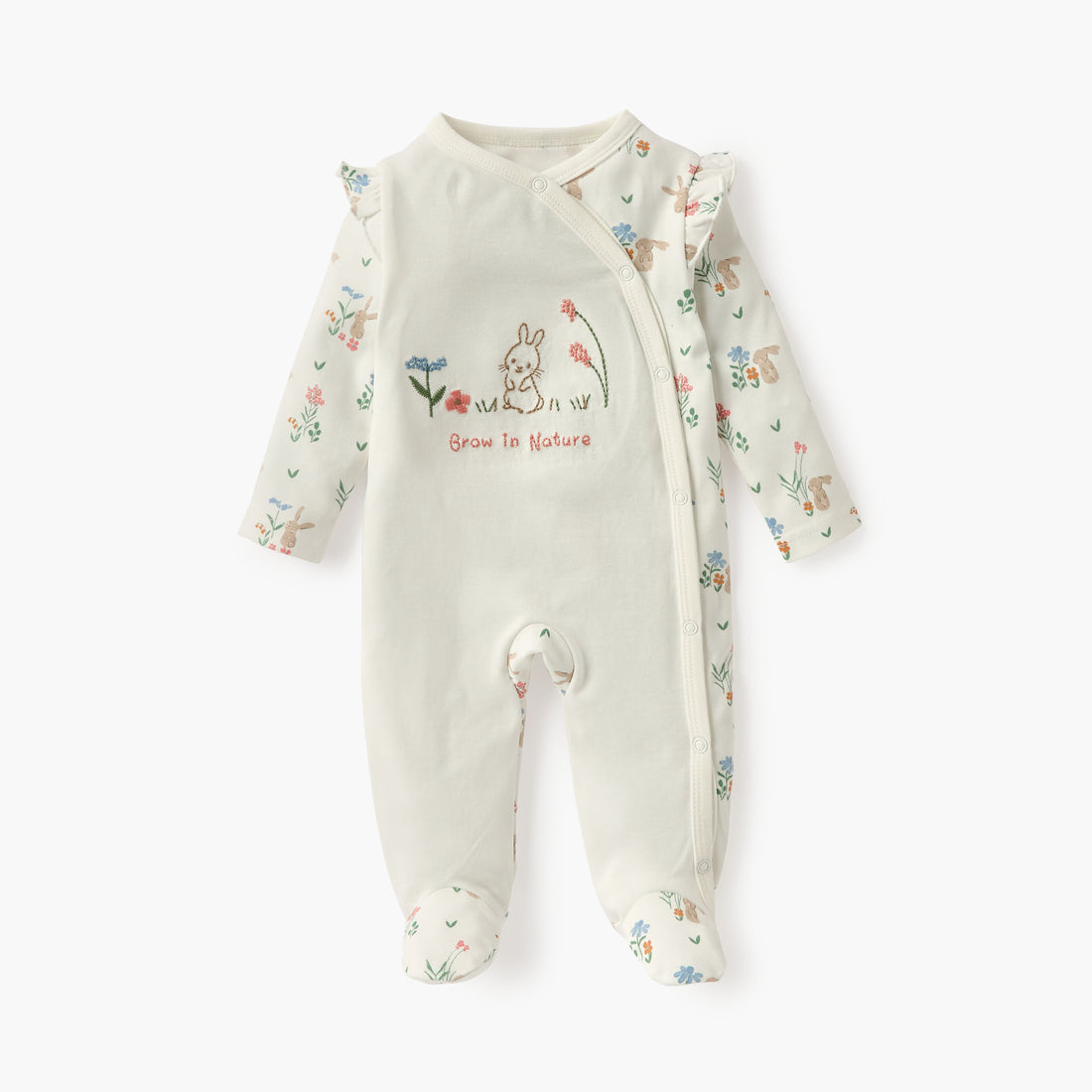 Juniors Embroidered Sleepsuit with Long Sleeves and Button Closure - Cream / 9-12 mths