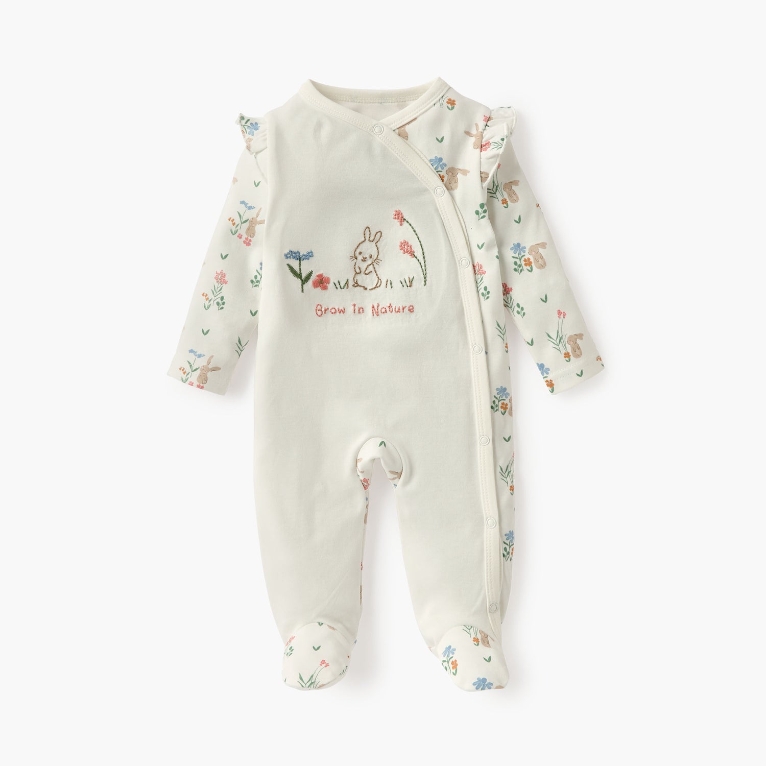 Juniors Embroidered Sleepsuit with Long Sleeves and Button Closure - Cream / 9-12 mths