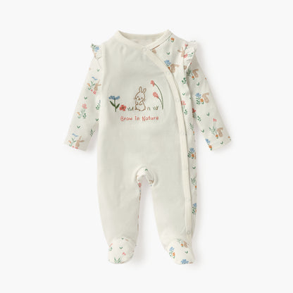 Juniors Embroidered Sleepsuit with Long Sleeves and Button Closure - Cream / 9-12 mths