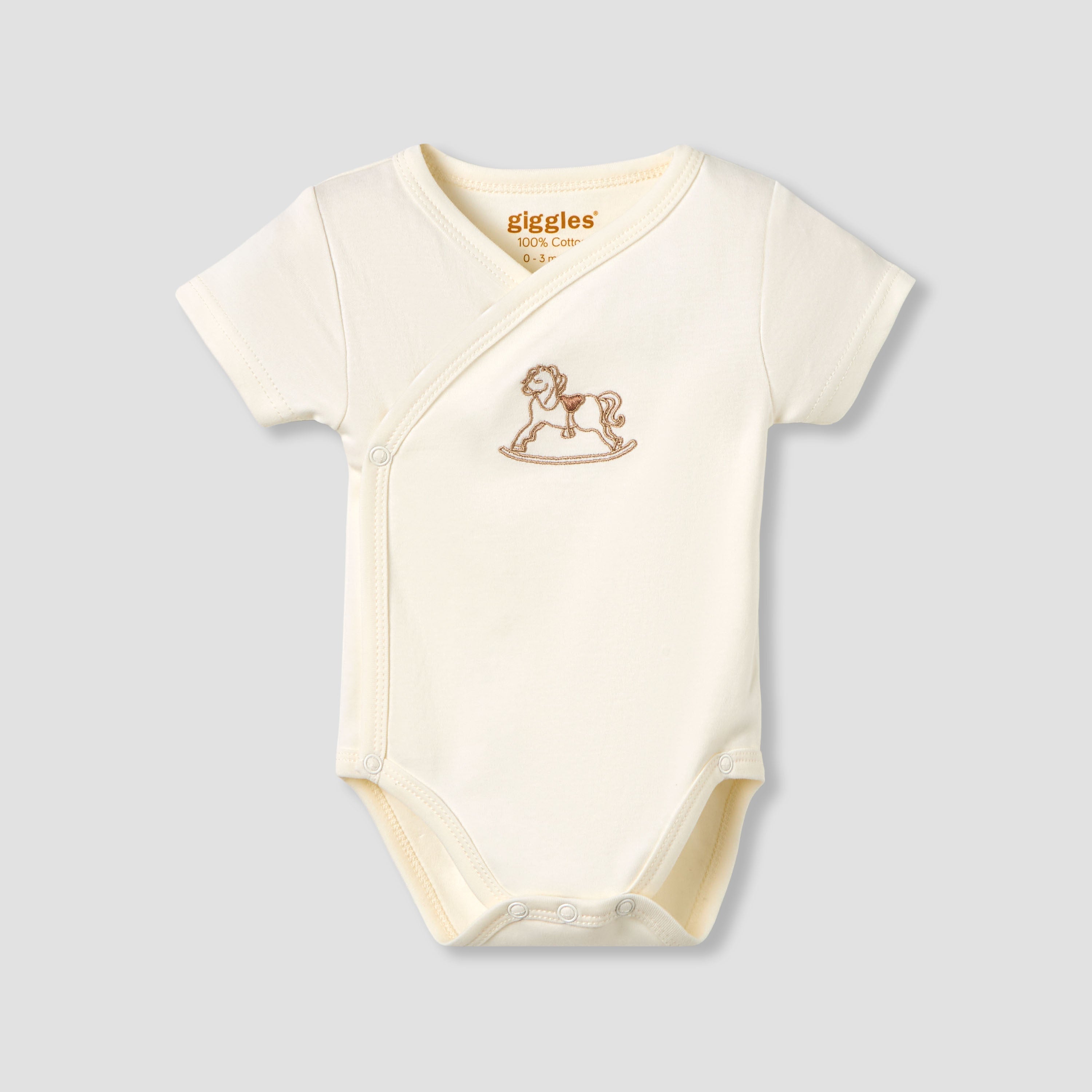 Giggles Cotton V-neck Short Sleeve Bodysuit with Rocking Horse Embroidery - Cream / 12-18 mths