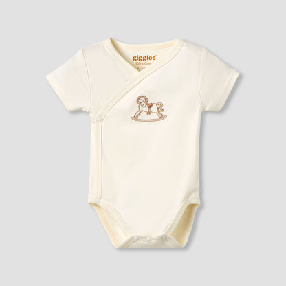 Giggles Cotton V-neck Short Sleeve Bodysuit with Rocking Horse Embroidery - Cream / 12-18 mths