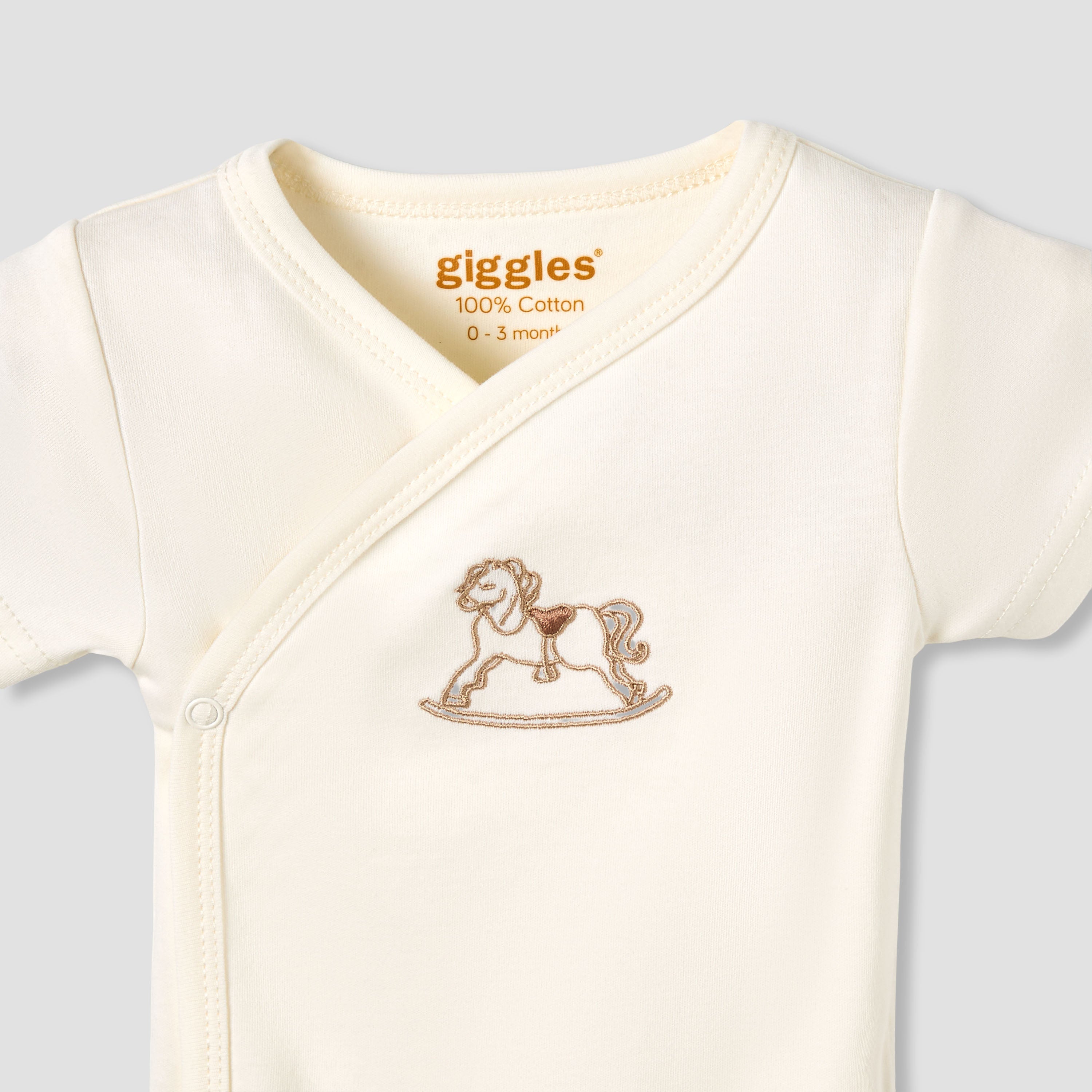 Giggles Cotton V-neck Short Sleeve Bodysuit with Rocking Horse Embroidery