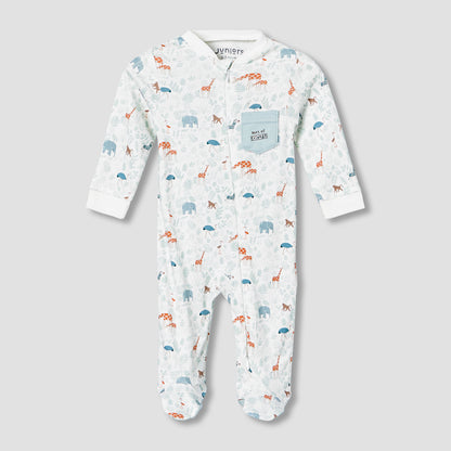 Juniors Cotton Mandarin Collar Long Sleeves Sleepsuit with Safari Print