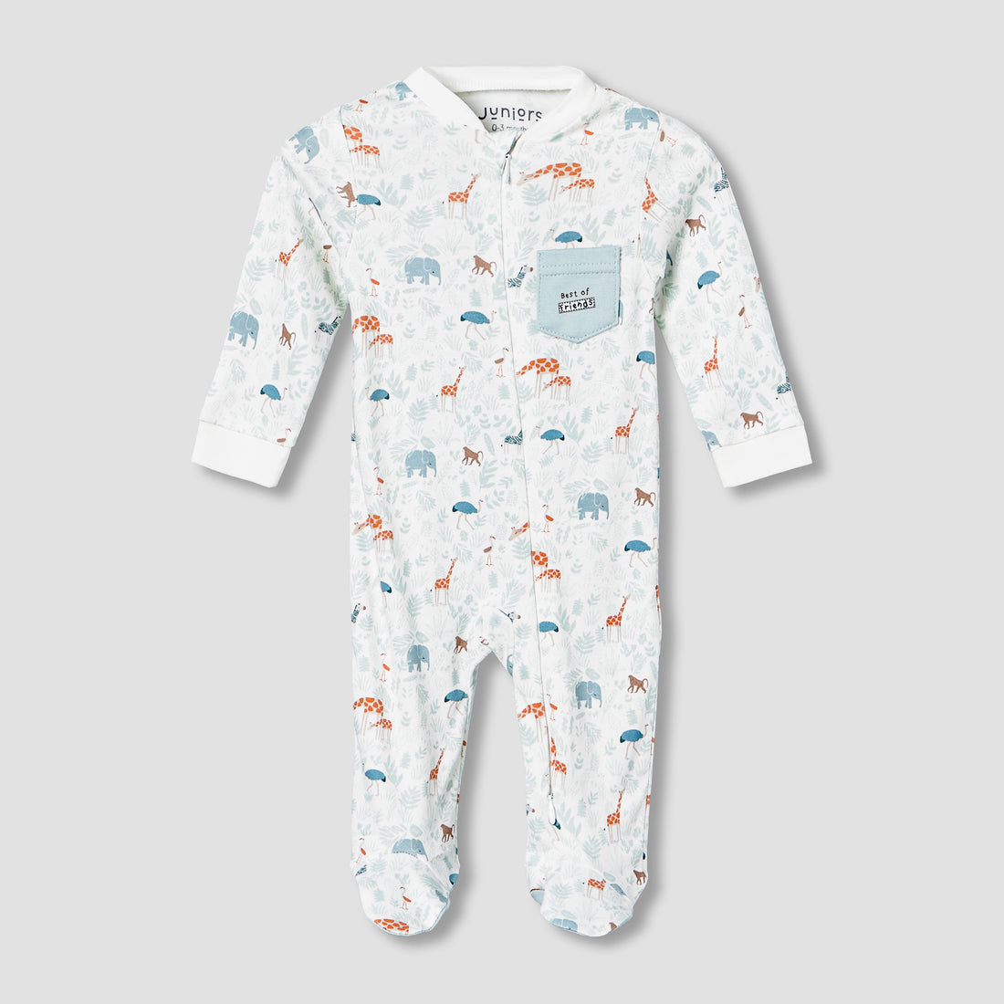 Juniors Cotton Mandarin Collar Long Sleeves Sleepsuit with Safari Print - White / 9-12 mths