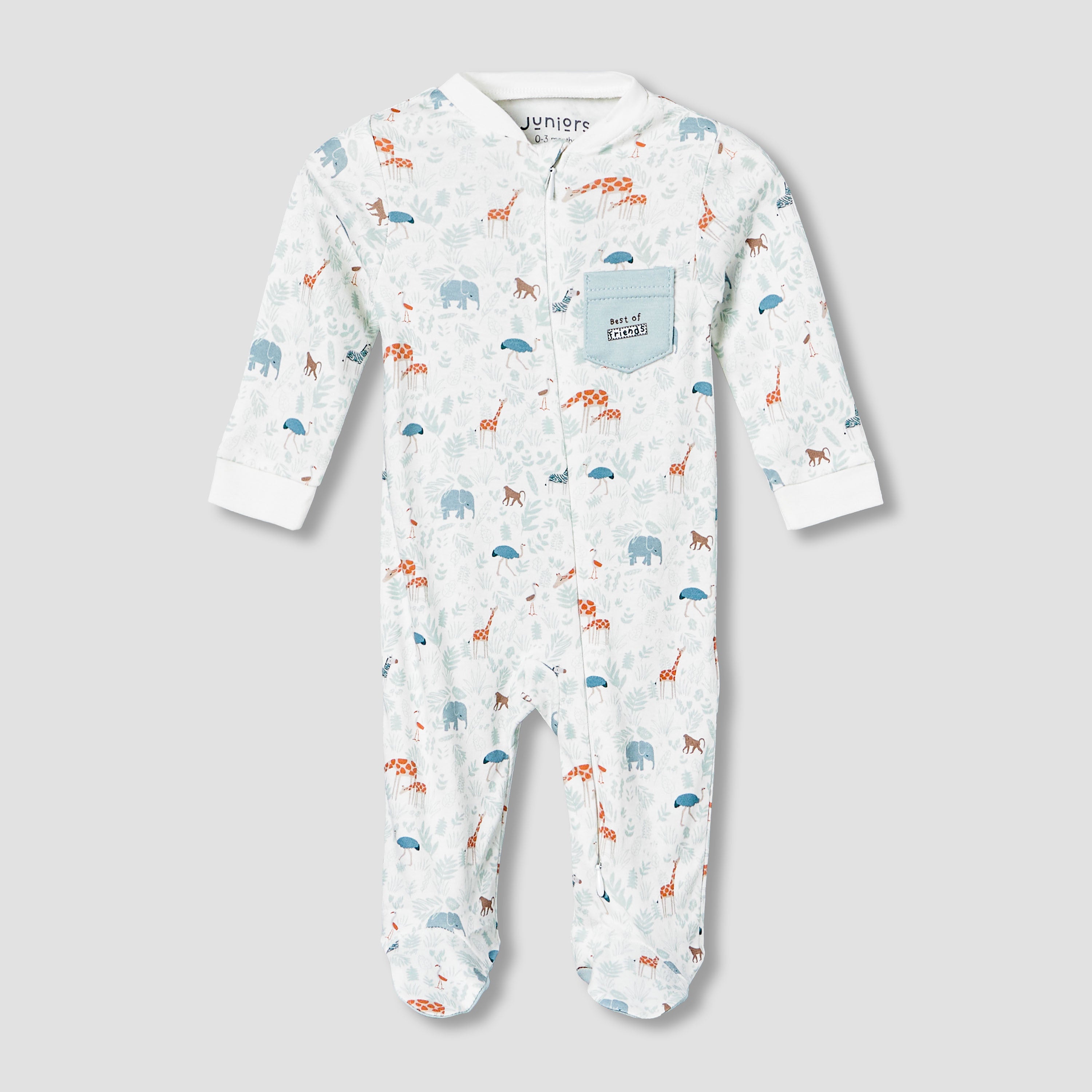 Juniors Cotton Mandarin Collar Long Sleeves Sleepsuit with Safari Print - White / 9-12 mths