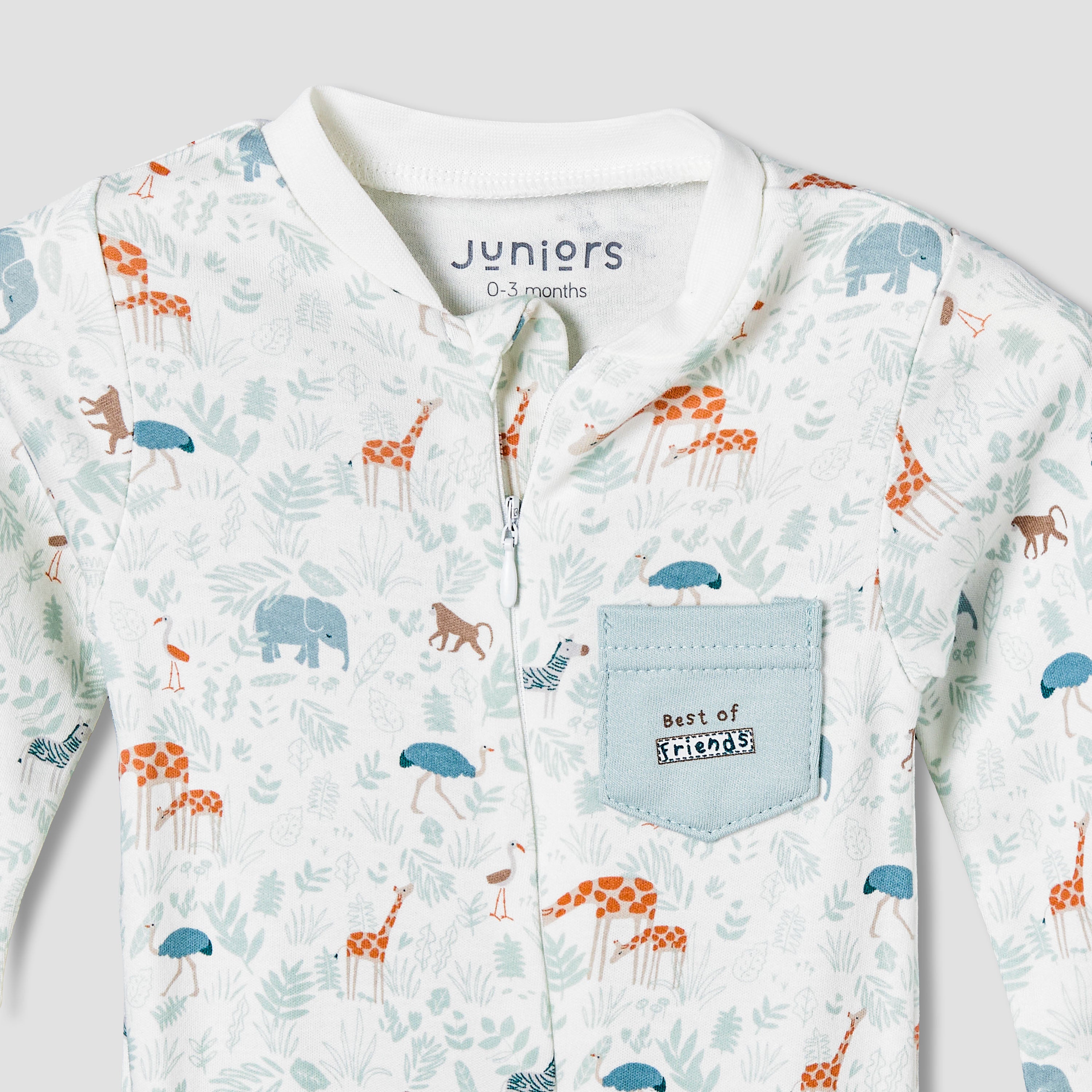 Juniors Cotton Mandarin Collar Long Sleeves Sleepsuit with Safari Print