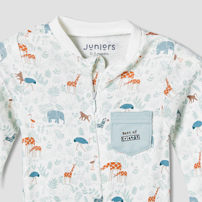 Juniors Cotton Mandarin Collar Long Sleeves Sleepsuit with Safari Print