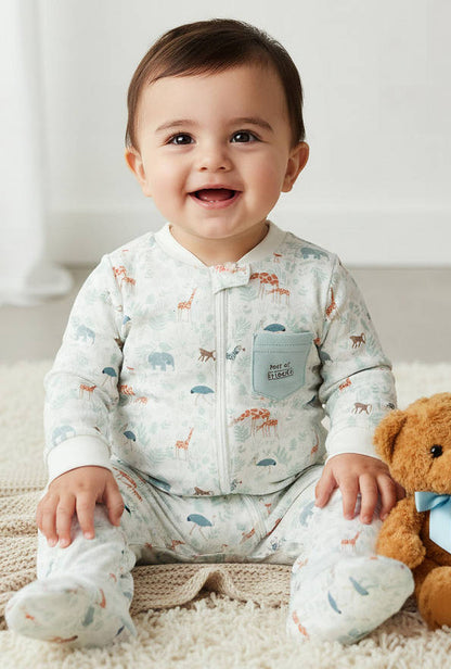 Juniors Cotton Mandarin Collar Long Sleeves Sleepsuit with Safari Print