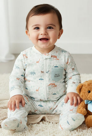 Juniors Cotton Mandarin Collar Long Sleeves Sleepsuit with Safari Print