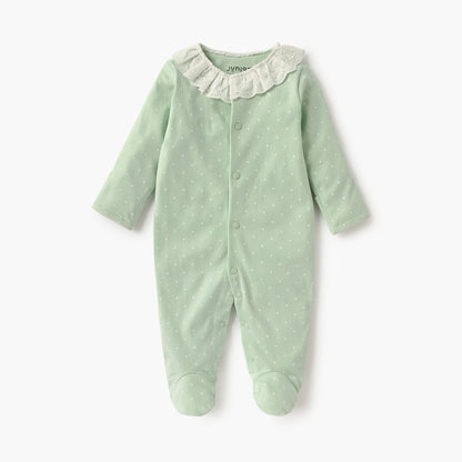 Juniors Polka Dot Print Sleepsuit with Long Sleeves and Lace Detail - Green / 9-12 mths