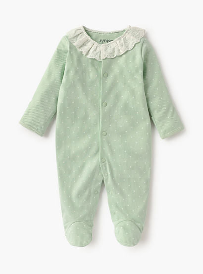 Juniors Polka Dot Print Sleepsuit with Long Sleeves and Lace Detail-baby-girls-clothing-nightwear-sleepsuits-image-1