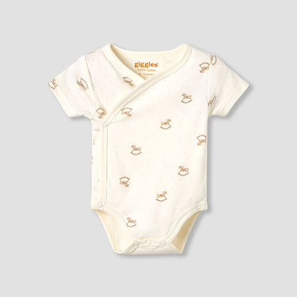 Giggles Cotton V-neck Short Sleeve Bodysuit with Rocking Horse Print - Cream / 12-18 mths