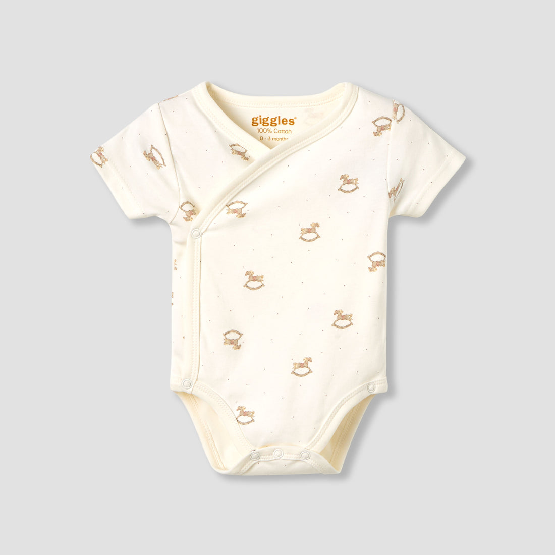 Giggles Cotton V-neck Short Sleeve Bodysuit with Rocking Horse Print - Cream / 12-18 mths